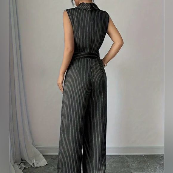New Calvin Klein Stripe Belted Sleeveless Jumpsuit - Picture 5 of 7